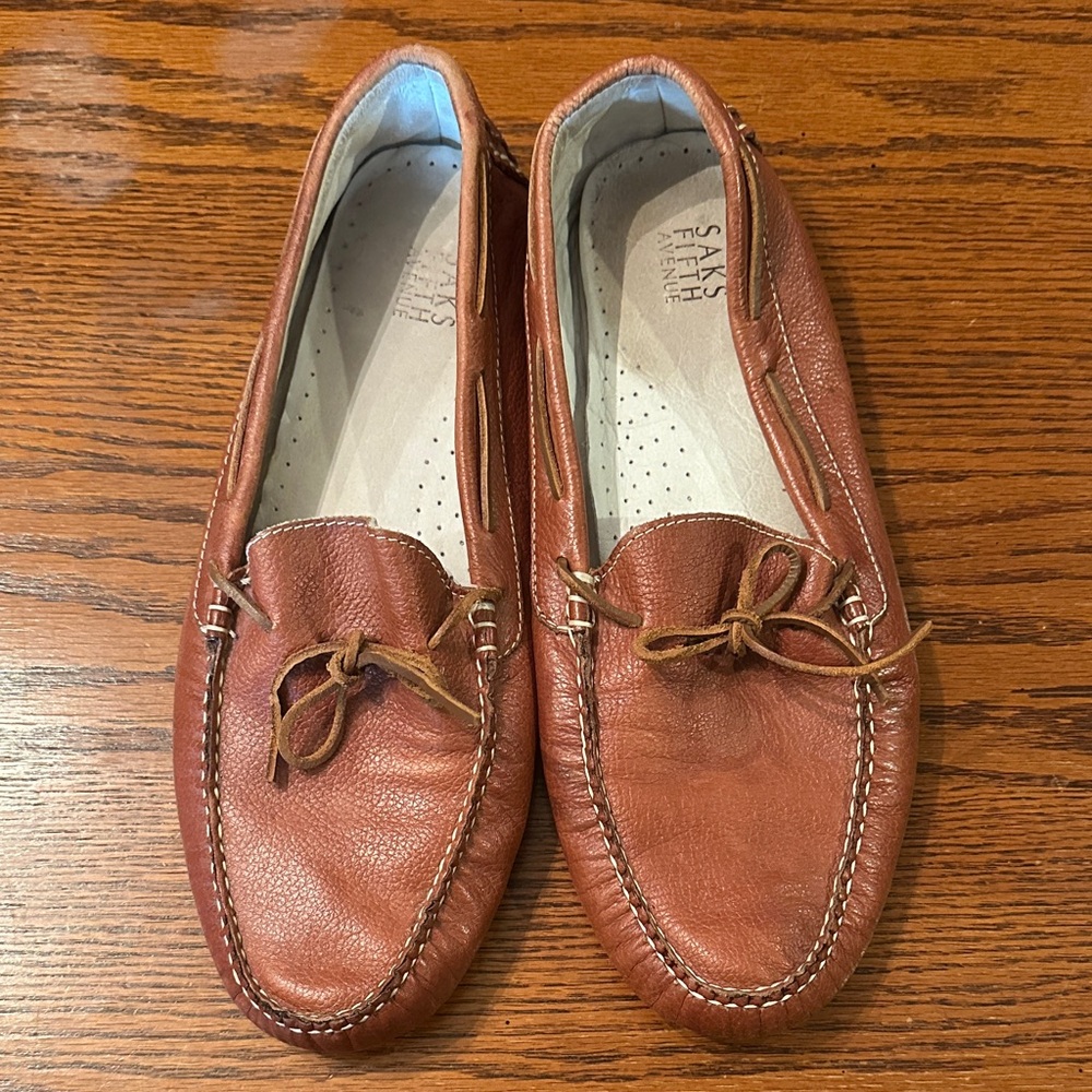 Men’s Saks Fifth Avenue Tan Tanga driving moccasin Leather Loafers size 10.5
